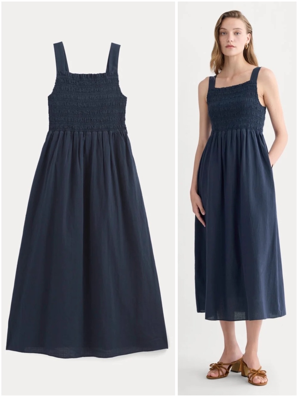 Everlane Gauze Smock Dress Navy Organic Cotton Midi Square Neck NWT Large
